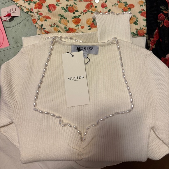 Musier Paris Sweaters - MUSIER Paris Pearl-Trim White Ribbed Top, XS